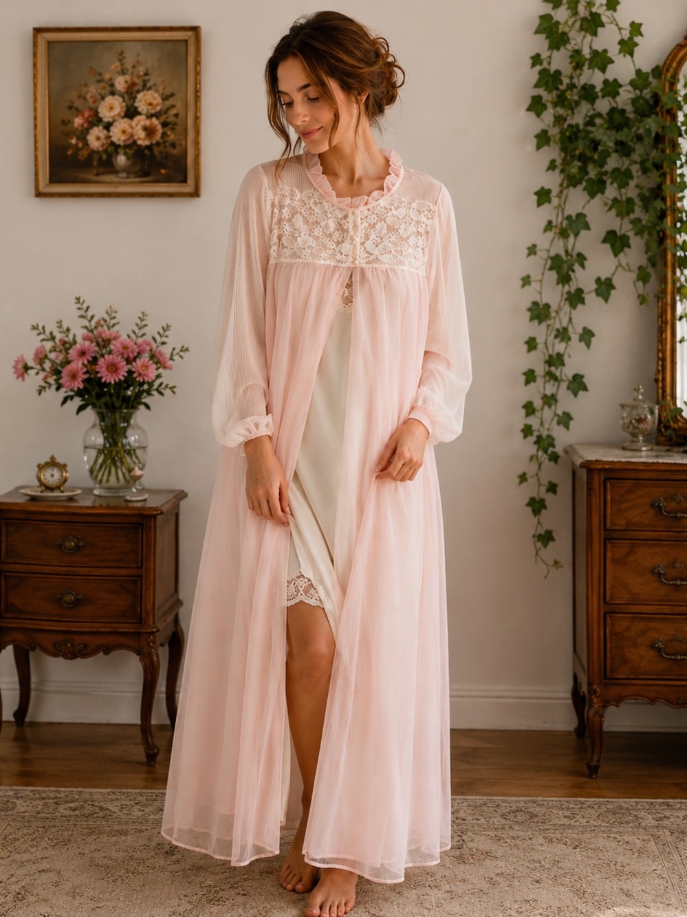 Vintage 70s Pink Sheer Peignoir Robe Double Layer Boudoir